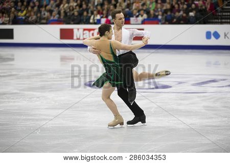 Belarus, Minsk, January 25, 2019. Minsk Arena. European Figure Skating Championship. Dancing on ice. Polish skaters Natalia Kaliszek Maxim Spodyriev perform the program. Dance couple