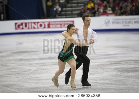 Belarus, Minsk, January 25, 2019. Minsk Arena. European Figure Skating Championship. Dancing on ice. Polish skaters Natalia Kaliszek Maxim Spodyriev perform the program. Dance couple