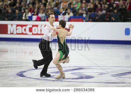 Belarus, Minsk, January 25, 2019. Minsk Arena. European Figure Skating Championship. Dancing on ice. Polish skaters Natalia Kaliszek Maxim Spodyriev perform the program. Dance couple
