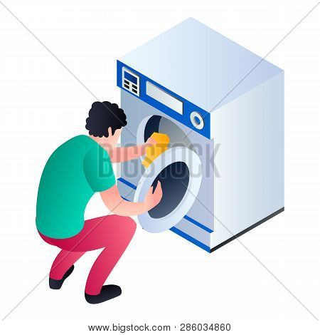 Man Take Clothes Wash Machine Icon. Isometric Of Man Take Clothes Wash Machine Vector Icon For Web D