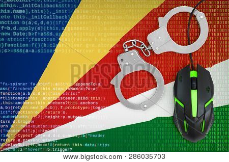 Seychelles Flag  And Handcuffed Computer Mouse. Combating Computer Crime, Hackers And Piracy