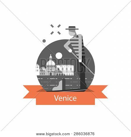 Italy, Venice Symbol, Travel Destination, Famous Landmark, Gondola And Man In Hat, Vector Icon, Flat