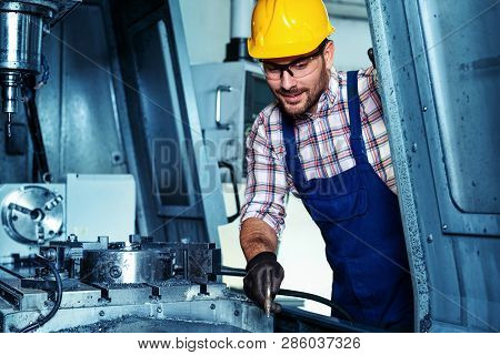 Metalworking Industry Job. Cnc Milling Cutting Machine, Operator Worker.