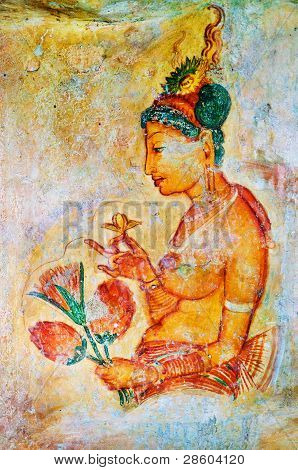 Gamle kalkmalerier på Mount Sigiriya, Sri Lanka (Ceylon).