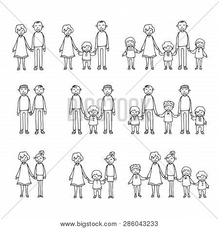 Happy Family Symbols. Parents With Children Isolated On White Background. Young Family With One Chil