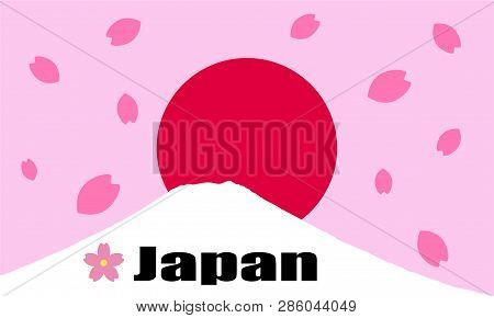 Mount Fuji ( Mt. Fuji ) And With Red Rising Sun And Pink Cherry Blossoms Petals Background. Flag And
