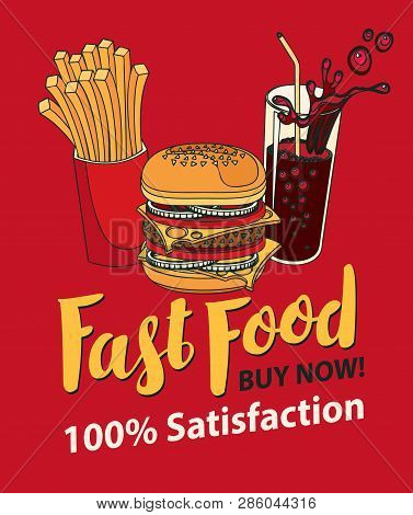 Vector Banner For Fast Food With Burger, French Fries And Cola In Retro Style. Pop Art Illustration 
