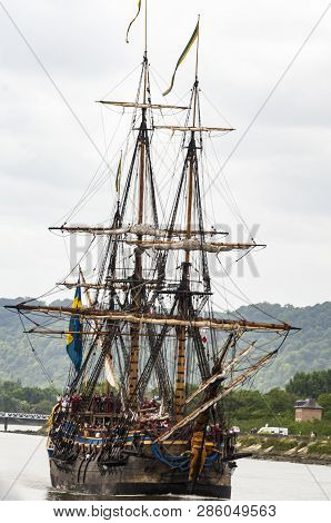 Rouen, France - July Circa, 2016. End Of The Armada In Rouen, Boats Galleon Ships On The River Seine