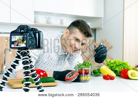 Cook Chef Food Stylist Men In Black Gloves Prepare Decorate Vegan Vegetarian Healthy Diet Sugar Lact