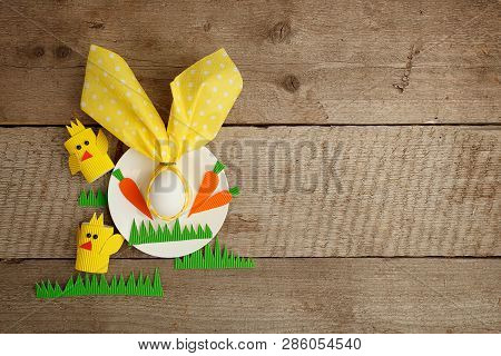 Easter Children Card Concept With Egg In Bunny Nupkin, White Plate And Paper Craft Diy Decorative Ch