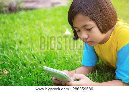 Asian Girls Are Using Tablet On Lawn In The Park.