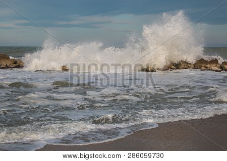 Winter Stormy Sea Near The Beautiful Beach Of Numana