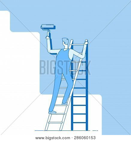 Painter Painting Wall. Worker On Ladder, Craftsman Paints Home Walls. House Repair Service Decoratio