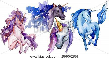 Cute Unicorn Horse. Fairytale Children Sweet Dream. Watercolor Background Set. Isolated Unicorn Illu