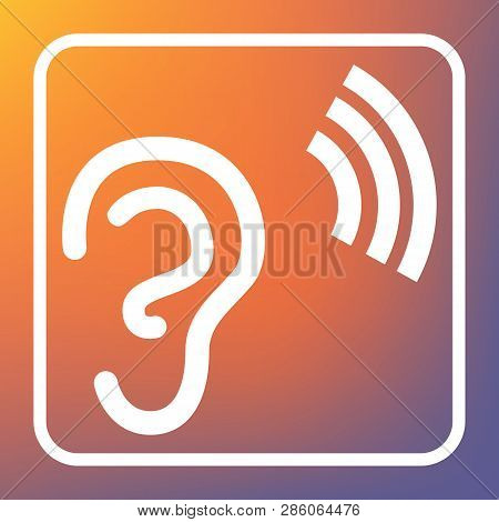 Human Anatomy. Ear Sign With Soundwave. Vector. White Icon On Transparent Button At Orange-violet Gr