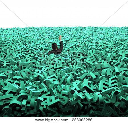 Big Data Concept, Businessman Was Overwhelmed By Huge Amount Of 3d Green Letters And Numbers, Isolat