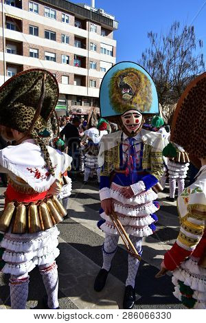 Verin, Spain, 24 Feb 2019. Famous Carnival And Street Parade With Cigarrons Costumes. Ourense Provin