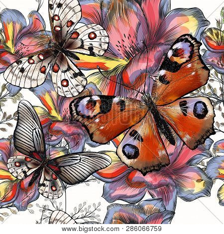 Flower Vector Pattern With Plants And Butterflies. Vintage Provance Style