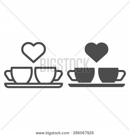 Heart And Two Coffee Cups Line And Glyph Icon. Two Mugs And Heart Vector Illustration Isolated On Wh