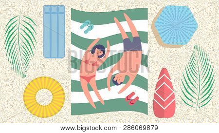 Summer Holidays. Summer Time. Young People Relaxing And Sunbathe On The Beach. Happy Family. Summer