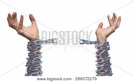 Hands Are Breaking Chain. Slavery Concept. Isolated On White Background.