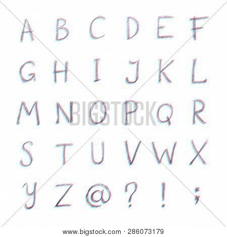 Hand Drawn With The Chalks Set Of Alphabet Letters And Signs, Composition Isolated Over The White Ba