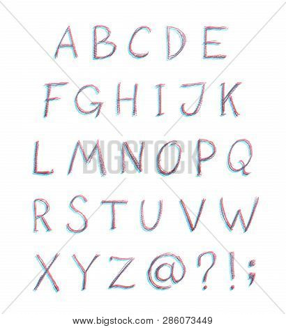 Hand Drawn With The Chalks Set Of Alphabet Letters And Signs, Composition Isolated Over The White Ba