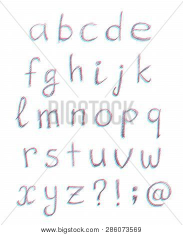 Hand Drawn With The Chalks Set Of Alphabet Letters And Signs, Composition Isolated Over The White Ba