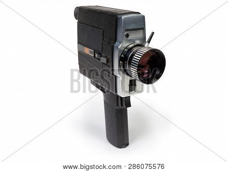 Old Amateur Film Movie Camera Super 8mm Format Driven By  Electric Motor On A White Background