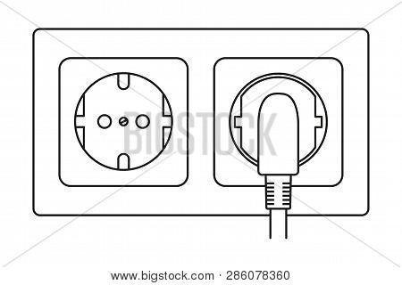 Line Art Black And White Plug In And Unplug Electric Socket. Euro Standard F Type. Electricity Theme