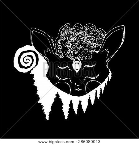 Black And White Illustration Of A Psychedellic Animal In Meditation, Fractal Trees, Inversion.