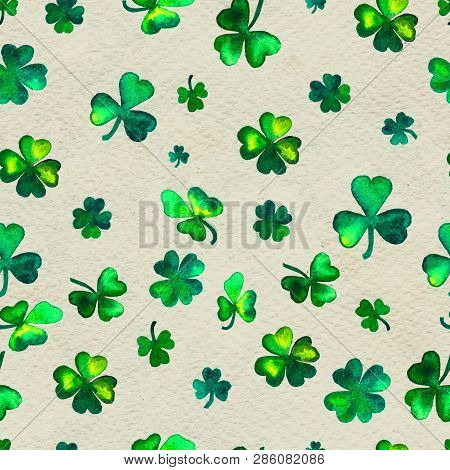 Seamless Hand Drawn Background With Leaves Of Colver St. Patricks Day Symbols