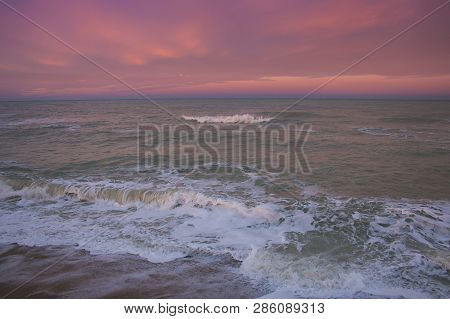 Fiery Sunset On The Adriatic Sea Of Porto Recananti, Marche Region, Italy
