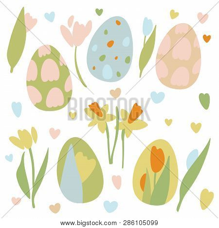 Colorful Easter Eggs Doodle Set Decorations. Spring Flowers. Bright Colors. Great For Postcard, Fabr
