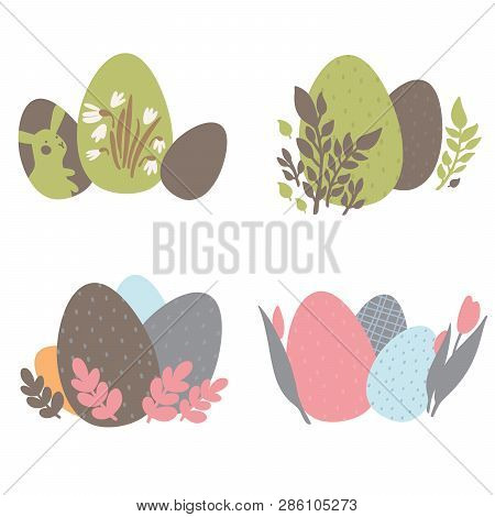 Colorful Easter Eggs Doodle Set Decorations. Spring Flowers. Bright Colors. Great For Postcard, Fabr