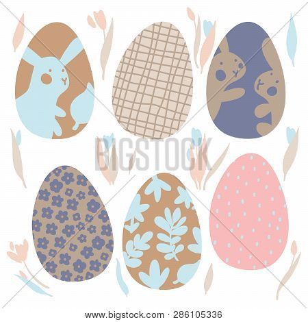 Colorful Easter Eggs Doodle Set Decorations. Spring Flowers. Bright Colors. Great For Postcard, Fabr