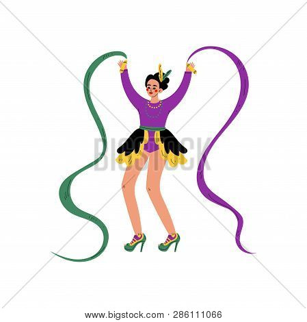 Beautiful Woman In Bright Mardi Gras Costume Celebrating Carnival Party, Girl Dansing With Ribbons V