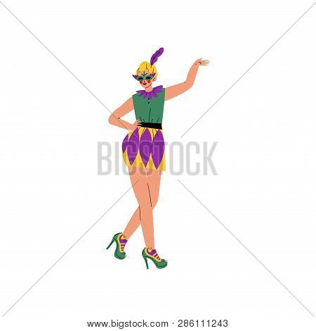 Beautiful Woman In Bright Traditional Mardi Gras Costume And Mask Celebrating Carnival Party Vector 