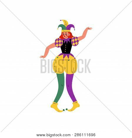Beautiful Young Woman Wearing Bright Traditional Mardi Gras Costume And Jester Headgear Celebrating 