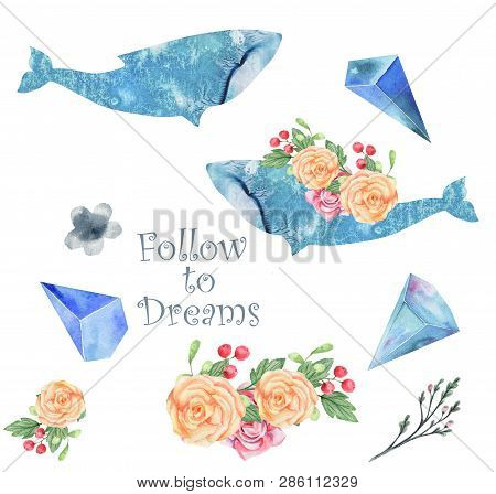 Whale Watercolor Fantasy Whale Flowers And Crytstal Follow To Dream Flying Blue Ocean Bounquet Chara