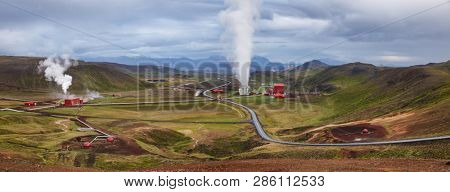 Panoramic view of Krafla geothermal power plant, the largest Icelands power station near Krafla Volcano, Northeastern Iceland, Scandinavia