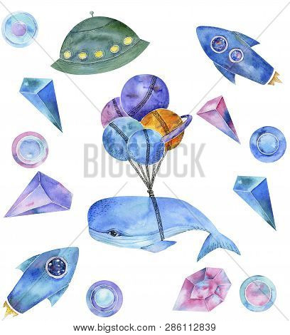 Space Whale Watercolor Fantasy Whale On Milky Way Solar System Flying Blue Rockets Planents Earth Ch