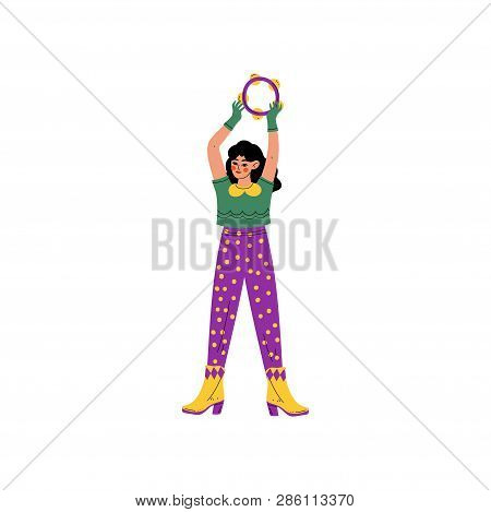 Young Woman Wearing Bright Traditional Mardi Gras Costume, Girl Celebrating Carnival Party With Tamb