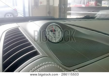 Moscow. Februarz 2019. White Chronometer With A Clock In A Porsche Cayenne Sports Suv. To Measure La