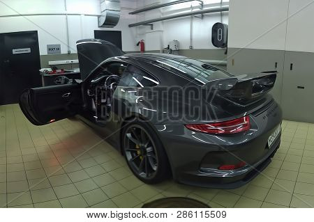 Moscow. February 2019. Porsche 911 Gt3 Rs 3.8 At The Service Station. Diagnostics And Verification. 