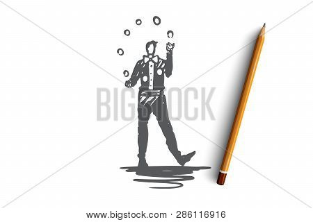 Circus, Artist, Clown, Performance, Show Concept. Hand Drawn Entertainment With Performer In Circus 