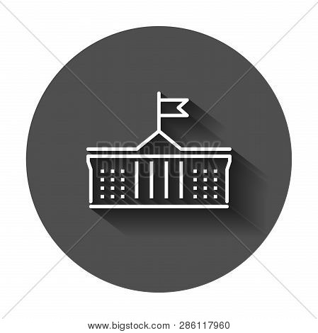 Bank Building Icon In Flat Style. Government Architecture Vector Illustration With Long Shadow. Muse
