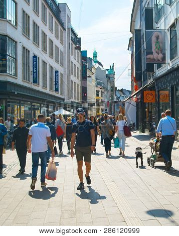 Copenhagen, Denmark - June 14, 2018: People At Stroget Street - Copenhagen Central Shopping Street. 