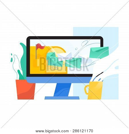 Computer Display With Opened Mailbox And Letters In Envelopes Flying Out Of It On Screen, Houseplant