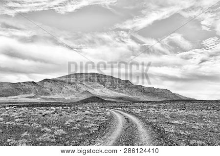 Road Landscape In The Tankwa Karoo In The Northern Cape Province Of South Africa. Monochrome
